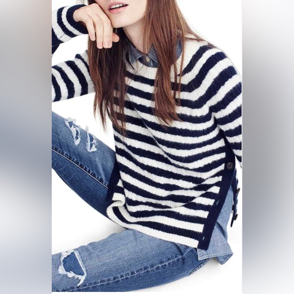 J. Crew Sweaters - J. Crew - Stripe Cable Knit Sweater w/ Buttons- Navy & White - Size S - Fall